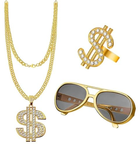 NewZC Zuhälter Kostüm Set Goldene Dollar Kette & Ring Brille Persönlichkeit halloween Hip Hop Kostüm Kit Herren 80er 90er für Faschingszubehör Mottopartys
