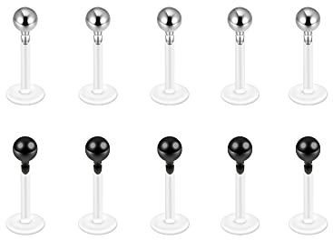 PiercingJak 10Stk 16G Lippenpiercing Acryl Labret Push In Piercing Bioflex Flexibler Ohrringe Ohr Tragus Helix Stud Ohrpiercing 6mm, Silber+Schwarz Edelstahl Kugel