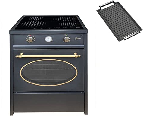 GURARI Standherd Induktionskochfeld 60 cm GCH E 612 BL r + Grillplatte aus Gusseisen | Retro Range Coocker Induktionsherd mit Backofen 60 L | Heißluft | Grill | Herd Induktion in Schwarz