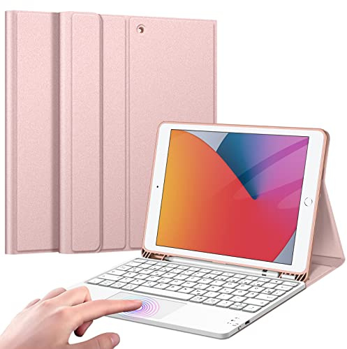 FINTIE Hülle mit Tastatur für iPad 9./8./7. Generation (10.2 Zoll) | Magnetisch abnehmbare deutsche Bluetooth-Tastatur mit Touchpad, weiche Schutzhülle mit Stifthalter, Roségold