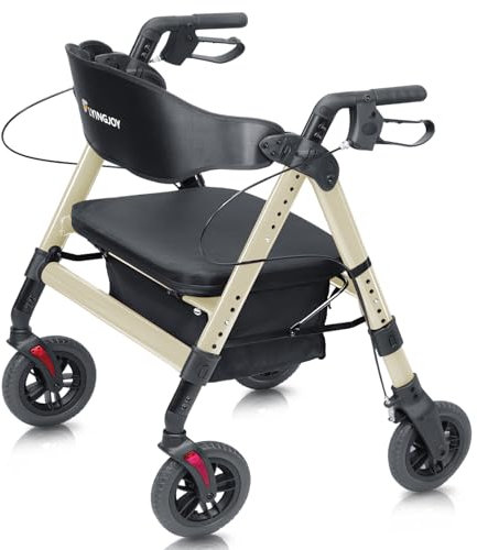 FlyingJoy Heavy Duty Rollator Walker with Seat,Bariatric Folding Rolling Walker with Large 8-inch Wheels,Supports up to 450 lbs,Champagne