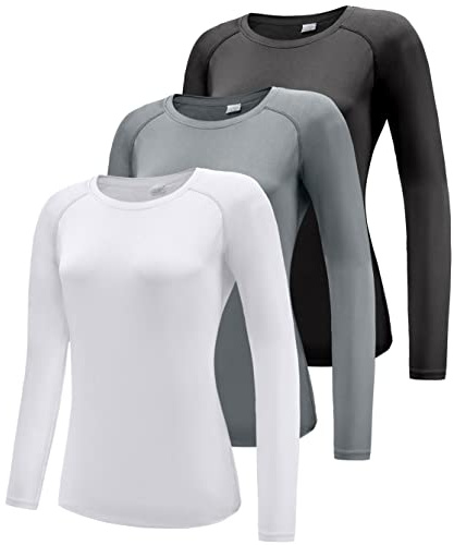 Damen 3er Pack Langarmshirt T-Shirts, UPF 50+ Sonnenschutz Schnelltrocknend Funktionsshirt Laufshirts, Atmungsaktiv Langarm Sportshirt Gym Yoga Running Top Freizeitshirt Workout Fitness Oberteil