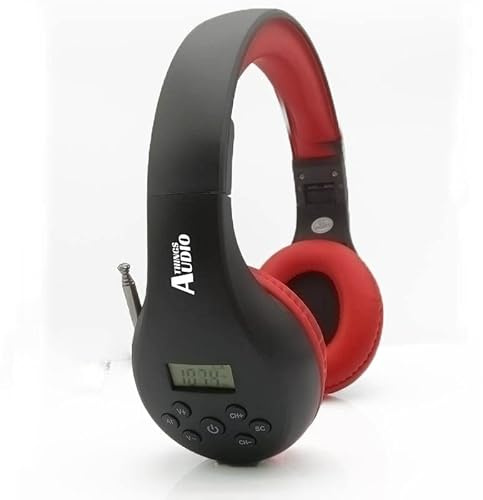 THINGS AUDIO Portable Personal FM Radio Headphones Pull-Out Antenna for Great Reception, Walking, Jogging, Relaxing, School, Talk Radio - Powered by 2AA Batteries (Not Included) (Black & Red)