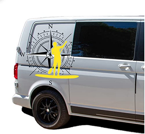 Autoaufkleber Kompass Sport Stand Up Paddle 60x60cm Windrose Sticker Folie für Auto Wohnwagen Anhänger Aufkleber Selbstklebend Kfz Zubehör KX072 KX073 (Kompass schwarz, Stand Up Paddle Gelb)