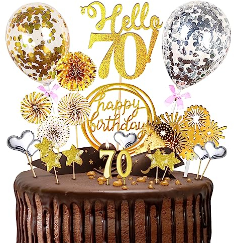 70.Geburtstagstorte Topper Probuk 23 Stücke Gold Glitter Happy Birthday Kuchendeko mit Geburtstagskerzen,Sternen,Konfetti-Luftballons und Papierfächer,Partydekoration für Geburtstags/Hauspartys