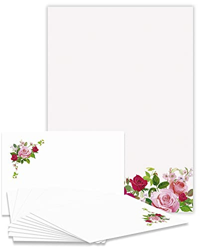Briefpapier-Set Sommerrosen DS117 – 10 Blatt Designpapier, 10 Umschläge B6 mit Motiv bedruckt – Hochwertiges Motivpapier, Hochzeit, Verlobung, Brief, Einladung, Jubiläum, Liebesbrief, Rosen – 90 g/m²