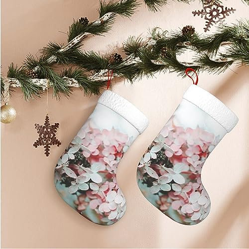 TOMPPY Rosa weiße Blumen bedruckte Weihnachtsstrümpfe, weißer Plüschstrumpf mit Manschette, Kamin, Weihnachtsstrümpfe, hängende Strümpfe für Familie, Urlaub, Weihnachten, Party, Dekorationen (45 cm, 1