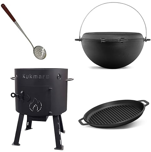 SET Kukmara Uchag Utschak 40cm mit BRIZOLL 15 Liter Kasan Kazan aus Gusseisen + GRILL Pfannendeckel Feldküche Gulaschkessel FeuerOfen Outdoor dutch oven
