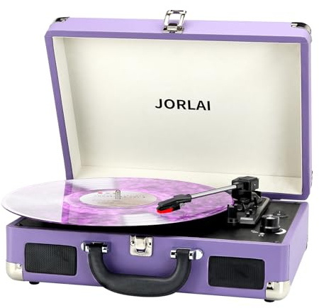 JORLAI Record Player 3 Speed Vinyl with Bluetooth Vintage Turntable Built in Battery Portable Suitcase Support Aux in RCA Line Out Headphone Jack Purple