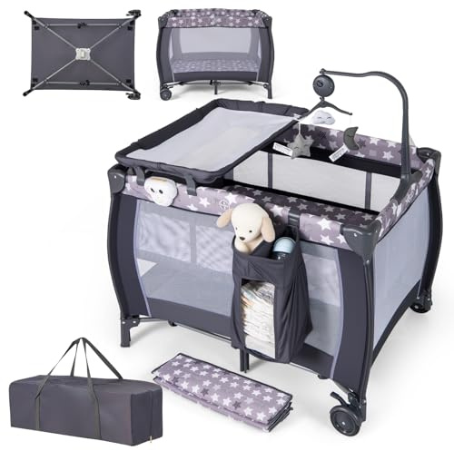 COSTWAY 3 In 1 Lettino da Campeggio per Bambini, Lettino con Materasso Portatile per Neonati, Culla Pieghevole per Neonati con Fasciatoio, Carillon e Ruote con Freno, per Bambini 0-36 Mesi (Grigio)