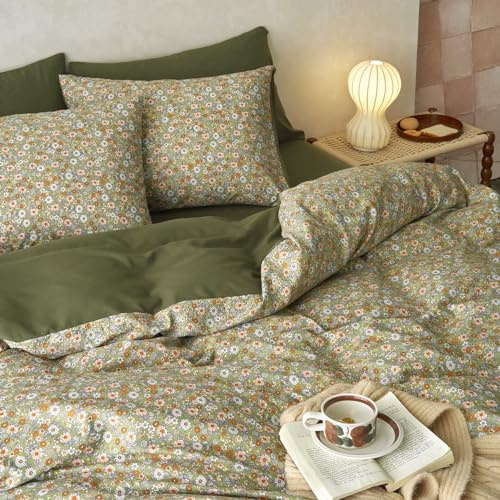 Wake In Cloud - Floral Comforter Set, Cute Vintage Flower Cottagecore Aesthetic for Women Teen Girls, Soft Lightweight Dorm Bedding, 3 Pieces, Olive Green, Twin/Twin XL Size