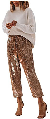 Duohropke Pailletten Hose Damen High Waist Glitzer Hose mit Gummizug Kordelzug Sexy Elegant Stretch Freizeithose Party Festliche Locker Lange Hosen für Frauen