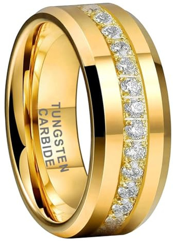 TUTISS 8mm Gold Tungsten Rings for Men Women Couple Eternity Anniversary Engagement Wedding Bands Fashion Jewelry CZ Stone Inlay Beveled Polished Shiny Comfort Fit Size 11