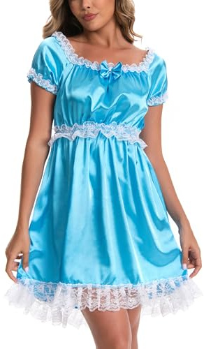 Satini Lingerie Satin Sissy Babydoll Ruffles Frilly Lace Slip Nightwear Dress (Aqua Blue, XL)