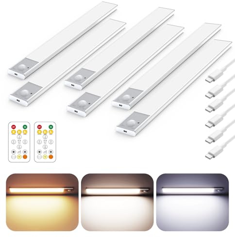 12 Ultra-Thin Under Cabinet Lighting Wireless, Aluminum Alloy Under Counter Lights for Kitchen, 3-Color-Temps Magnetic Closet Lights, Rechargeable Motion Sensor Light Indoor (6 Pack, Silver)