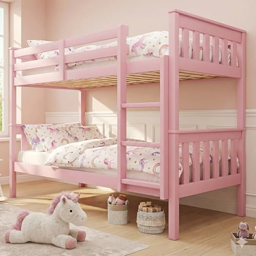 Bunk Bed, Double Bunk Bed for Kids, 3ft Single Bed Frame, Solid Wooden Bed, 2 x 3ft Bunk Beds Frame for Adult, Underbed Storage, Adjustable Ladder, 35cm High Safety Guardrails, Pink Girls Kids Bed