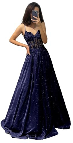 V Ausschnitt Glitzernde Spitze Applique Abschlussballkleider Damen Spaghetti Träger Formelle Abend lange Satin Partykleider mit Taschen Navy Blue XS