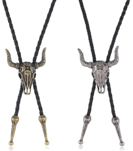 ZKGYUS 2 Stück Bolo-Krawatte Leder Halloween Krawatte Cowboy Kuh Schädel Western Cowboy Krawatte Halskette Lariat Halskette Schwarz Leder Rodeo Anhänger für Damen und Herren