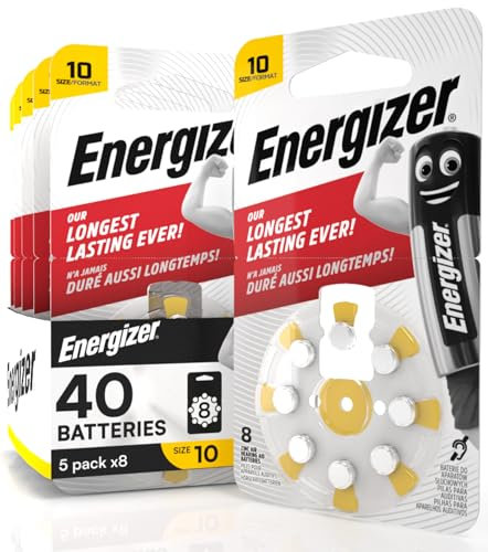 Energizer - 40 pilas acústicas para audífonos, tamaño 10, color amarillo, con tecnología PowerSeal, 5 blísteres de 8 pilas