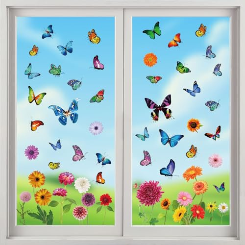 Fensterbilder Selbstklebend Fenstersticker Kinder Fensterbilder Frühling Blumen Schmetterling Fensteraufkleber Wiederverwendbare Fensterdeko Frühling für Kinderzimmer Party Zubehör (9 Blätter)