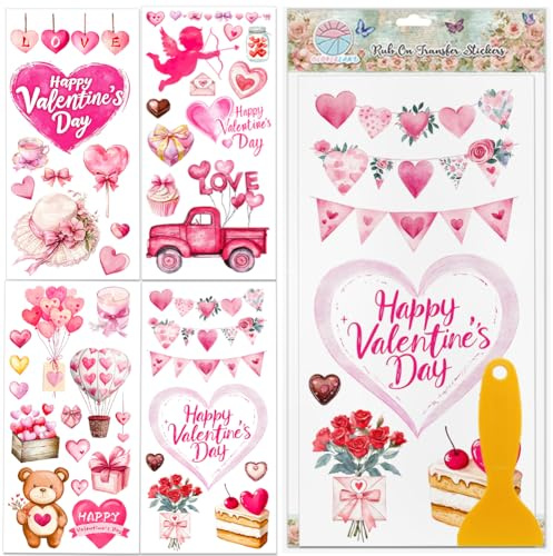 GLOBLELAND 4 hojas Happy Valentine'S Day Transfer Folios para frotar Love Cupid Decoración de Muebles Pegatinas Love Heart Pegatinas para Dormitorio Salón Escritorio Decoración de Mesa