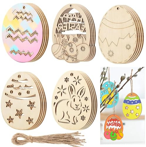thirei 20 ciondoli in Legno con Uova di Pasqua, in Legno, Decorazione in Legno, per Pasqua, 5 Forme di Modelli di Ritaglio, con Corda di Iuta, per Fai da Te da Te da dipingere