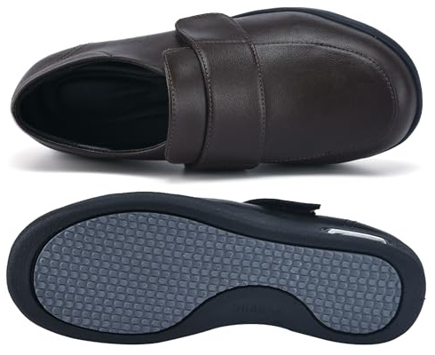 AZMAHT Uomo Regolabili A Strappo Ortopedici Materiale in Pelle Pantofole Scarpe terapeutiche da Uomo per diabetici Extra profondità per Sport Anziani Escursionismo,Marrone,41 EU
