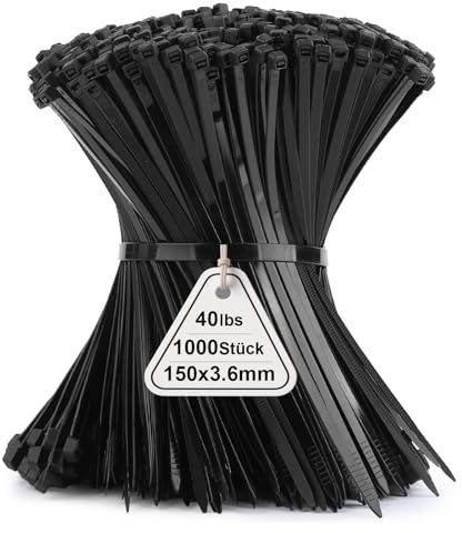 1000 Stück Kabelbinder Schwarz, 150mm x 3,6mm Industrie Cable Ties, Mehrzweck UV-Beständig Langlebig Klein Nylon Selbstsicherndes Zip Tie mit 18kg für Gartenarbeit, Hause, Büro, Werkstatt und den Auße