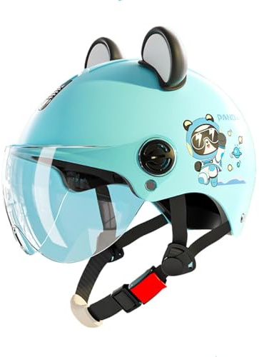 Vintage Kids Bear Ears Skull Cap Open Face Motorcycle Half Shell Helmet Lightweight Retro Electric Scooter Motocross Go-Kart Children's Half Helmet for 3-14 Years Old DOT Approved(C)