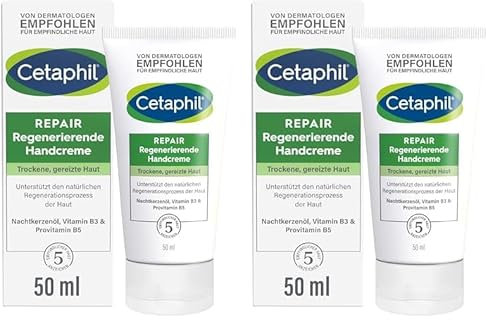 CETAPHIL Repair Regenerierende Handcreme, 50ml, Für beanspruchte, empfindliche und trockene Hände, Regeneriert nach belastender Tätigkeit, Mit Provitamin B5, Vitamin B3, Vitamin E & Nachtkerzensamenöl
