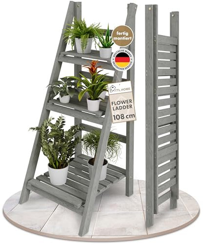 TTL HOME Blumenleiter Flower Ladder M 108x41x40cm hellgrau - 3-Ebenen Natur Holz Leiterregal Blumentreppe Blumenregal Pflanzentreppe Kräuterregal für innen & draußen Balkon Terrasse Outdoor klappbar