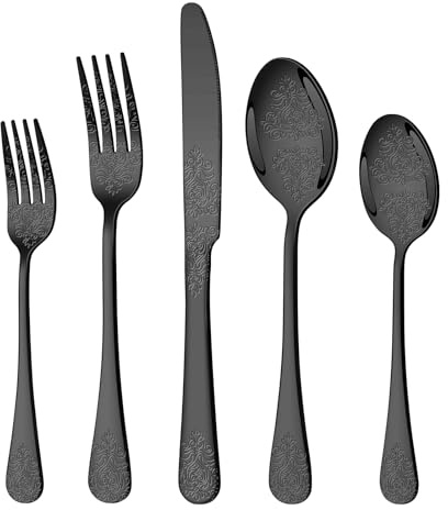 40 Pcs Black Silverware Set for 8 with Classical Flower Embossed Design, Food Grade Stainless Steel Flatware Set, Eating Utensils Sets Include Fork/Knife/Spoon, Cutlery Set, Dishwasher Safe