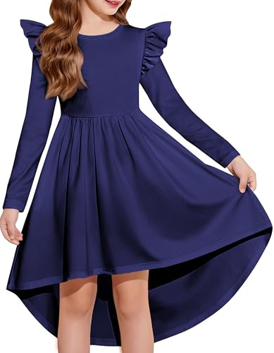 Arshiner Langarm Kleid Mädchen Festlicheskleid Herbst Winter Kinderkleid A-Linie Partykleid Rundhals Rüschenkleid Freizeitkleid mit Tasche