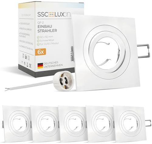 SSC-LUXon QF-2 Einbaustrahler 6x eckig weiß 92x92mm für GU10 | Schwenkbare Deckenspots weiß matt für Wohnzimmer, Schlafzimmer & Flur - 92x92mm, Lochmaß Ø75-80mm, für GU10 (ohne Lampe)