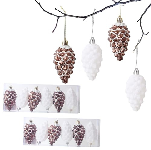 HERZWILD 12pcs Christbaumschmuck Zapfen zum Aufhängen Kunststoff Deko Tannenzapfen Anhänger für den Weihnachtsbaum (weiß Kaffee -B)