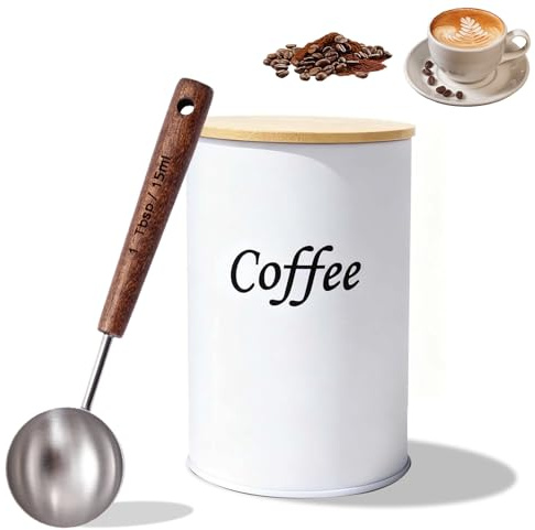 Kaffeedose Luftdicht, Kaffeedose 500 ML für gemahlenen Kaffee, Kaffeebohnen Behälter mit Edelstahllöffel, Kaffeebohnen Aufbewahrung mit Holzdeckel für Kaffeepulver, Nüsse, Tee, Zucker, Mehl (Weiß)