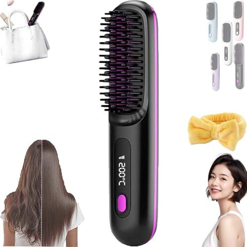 2026 New Brosse Chauffante Sans Fil,Brosse Lissante Portable Sans Fil,Cordless Ceramic Heated Hair Straightening Comb For Short Hair,Lightweight Usb Rechargeable,3 Heat Settings & Led Screen (Black)