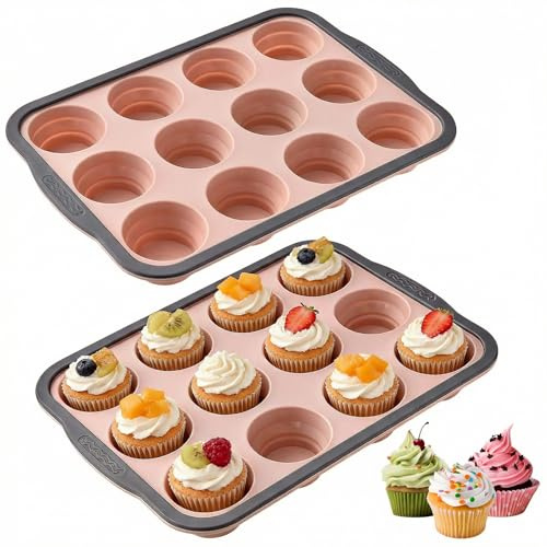 SIMDAO 2 Pcs Silicone Muffin Trays, 12 Cup Silicone Muffin Cupcake Tray with Metal Frame, Muffin Moulds for Baking, Yorkshire Pudding Tray for Oven Dishwasher Safe Making Muffins, Cupcakes