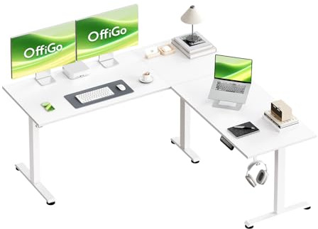 OffiGo Elektrisc Höhenverstellbarer Eckschreibtisch 120 x 120 cm, Weiß | L-förmiger Schreibtisch Höhenverstellbarer mit Haken, 78-120 cm Höhenverstellbar, Computertisch für Home Office