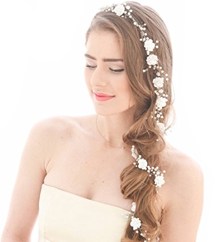 Cheerlife Haarschmuck Weiß Haarkette Blumenkranz mit Kristall Perlen Blumenstirnband Blumenkrone Haarkranz Garland Hochzeit Festival Kopfband Kranz