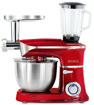 ROYALTY LINE, Robot Multifonction 1900W Rouge RLPKM19007BG-RED, Bol en Acier Inoxydable 6,5L, Accessoires Inclus : Fouet, Batteur, Crochet, Sécurité avec Grille de Protection