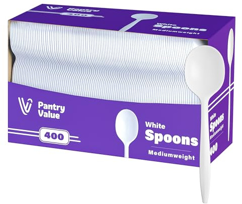 Pantry Value [400 Count] Lightweight White Plastic Spoons - Disposable Cutlery for Parties, Events, and Dinner (Formerly Comfy Package)