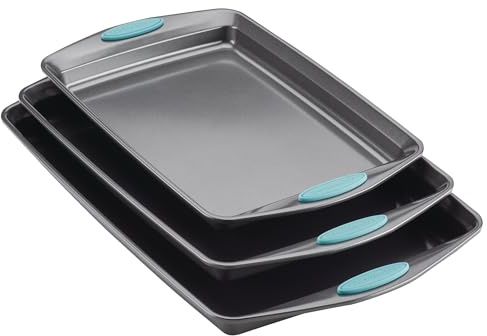 Rachael Ray Bakeware Nonstick Cookie Pan Set, 3-Piece, Gray with Agave Blue Grips
