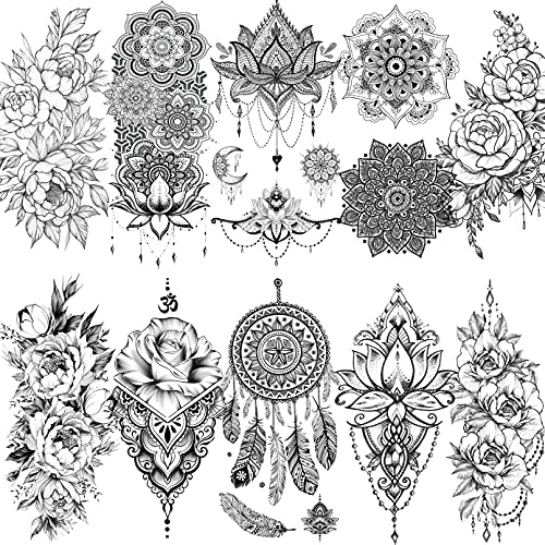 LAROI 10 Blätter Schwarz indisches Temporäre Tattoos Blume Für Frauen Mandala DreamCatcher Temporäre Erwachsene Aufkleber Mädchen Körperkunst Arm Tätowierung Spitzen Gefälscht Tatoos Hochzeit