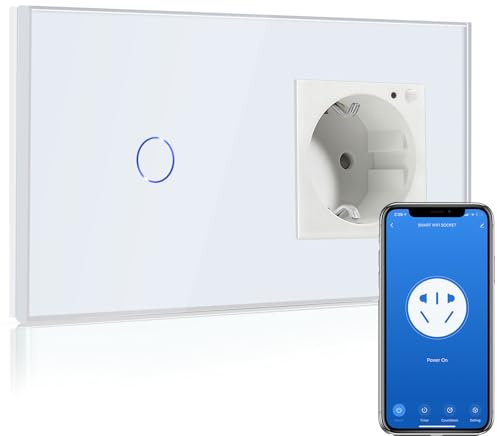 BSEED Smart Alexa Lichtschalter,WIFI Lichtschalter mit Steckdose Kompatibel mit Alexa,Google Home, Glas Touchscreen-schalter,1 Fach 1 Weg Weiß(Neutrale Leitung benötigt)