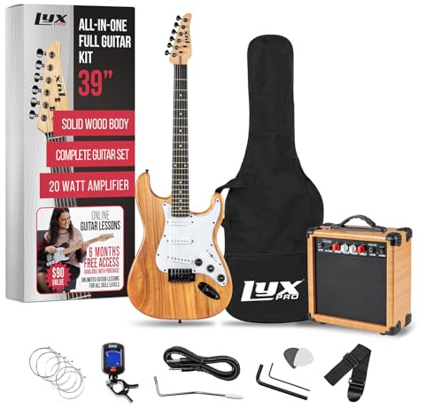 Kit de guitarra eléctrica con amplificador de 20w, todos los accesorios, sintonizador digital con clip, seis cuerdas, dos púas, barra de trémolo, correa para el hombro, kit de inicio con funda de