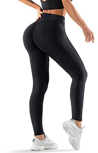 Oielai Tik Tok-sportleggings för damer, med hög midja, push up boom booty-leggings med magkontroll, långa sportbyxor, träningsbyxor, yogaleggings för kvinnor och flickor, svart, M