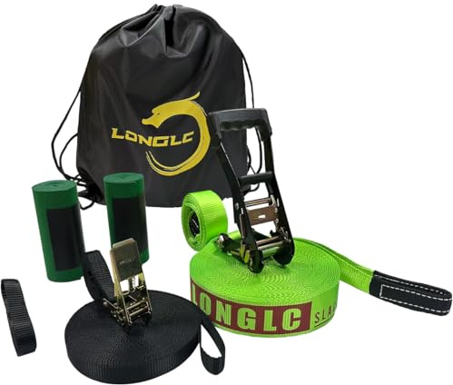 LONGLC Slackline Kit | Längre 19,8 m linje med träningslinje | Trädskydd, armtränare bärväska | snäva replinor för bakgård | barn, vuxna grön
