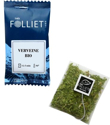 CAFÉS FOLLIET - Infusion Bio - Verveine - Sans théine & Sans conservateurs - Calmant & Relaxant - Sachets d'origine végétale - 24 Sachets