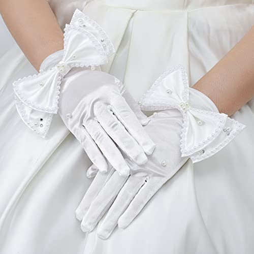 IYOU Satin-Brauthandschuhe, Schleife, Perle, weiß, kurz, Abendparty, Halloween, Hochzeit, Handschuhe für Damen, weiß, M
